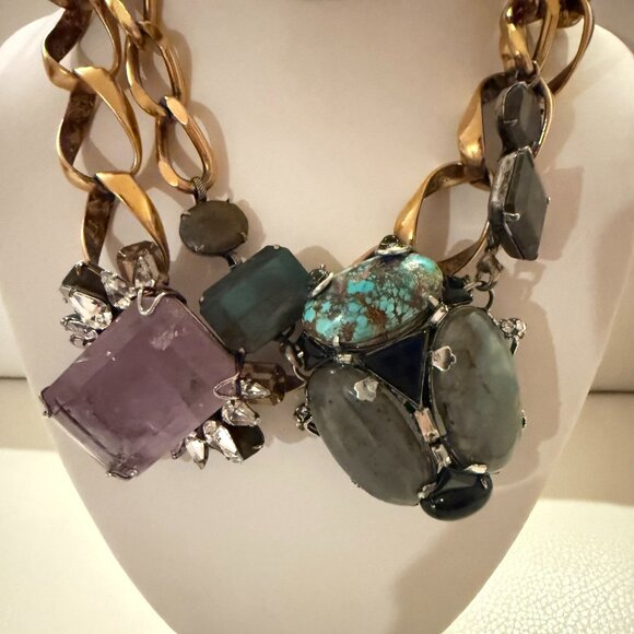 VINTAGE IRADJ MOINI AMETHYST LABRADORITE TURQUOISE NECKLACE BUG BROOCH - Picture 2 of 9